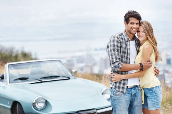 Love Filled Youthful Promise Romantic Young Couple Standing Alongside Convertible — Stock Photo, Image