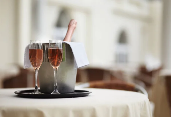 Restaurant Bottle Glasses Champagne Table Luxury Service Celebration Hospitality Hotel — Stock Photo, Image
