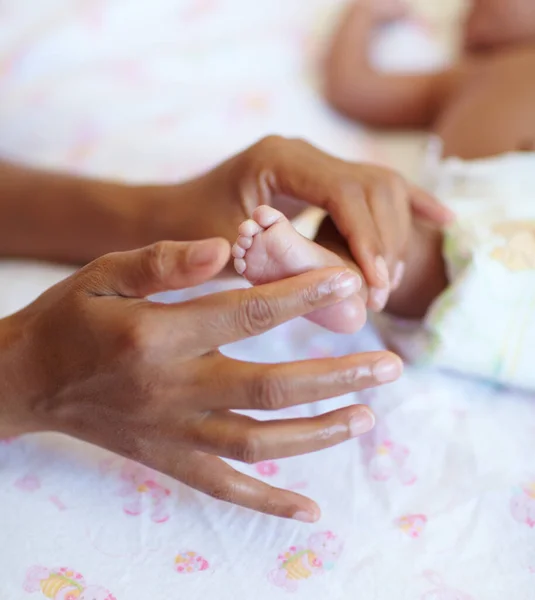 Hands Newborn Closeup Baby Foot Mother Rubbing Comfort Care Love — Stock Photo, Image