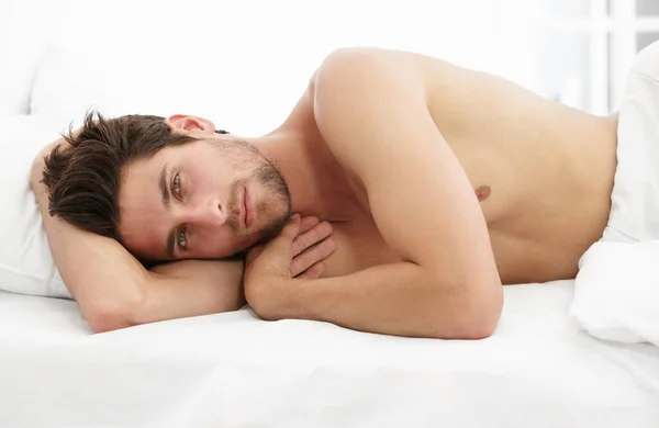 Sexy Portrait Man Bed Morning Wake Time Sensual Pose Relax — стоковое фото