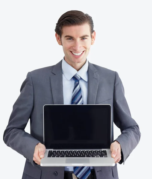 笔记本电脑 模拟和肖像的商人在工作室为网站 电子邮件和管理 微笑和科技 与白种人的男性员工一起为公司 互联网和网络服务 — 图库照片
