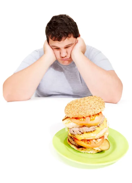 Szomorú Plusz Méret Ember Hamburgerrel Egy Stúdióban Ebédre Vacsorára Vagy — Stock Fotó