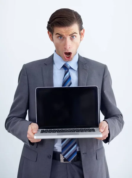 Laptop Mockup Shock Portrait Man Studio Website Email Administration Wow Stock Image