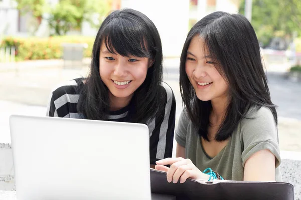 Mosoly Oktatás Diákok Egy Laptop Egyetemen Kutatás Tanulás Projekt Együtt — Stock Fotó