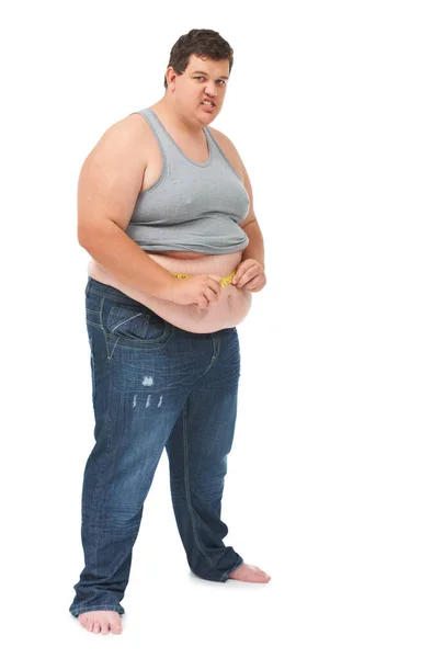 Obesitas Meetlint Buik Portret Van Boze Man Controleren Grootte Gezondheid — Stockfoto
