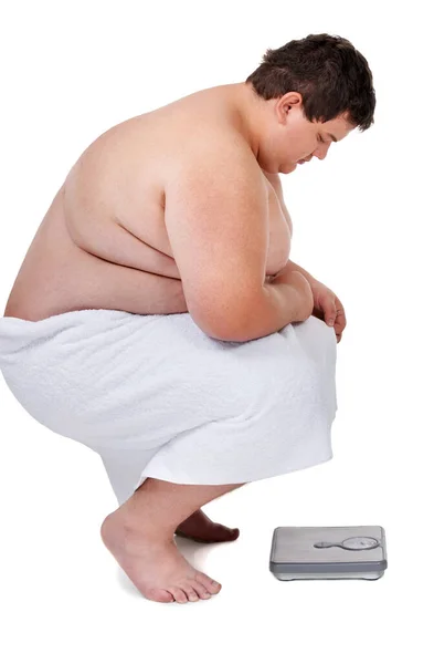 Schaal Grootte Man Controleren Aantal Gewichtsverlies Vooruitgang Een Studio Witte — Stockfoto