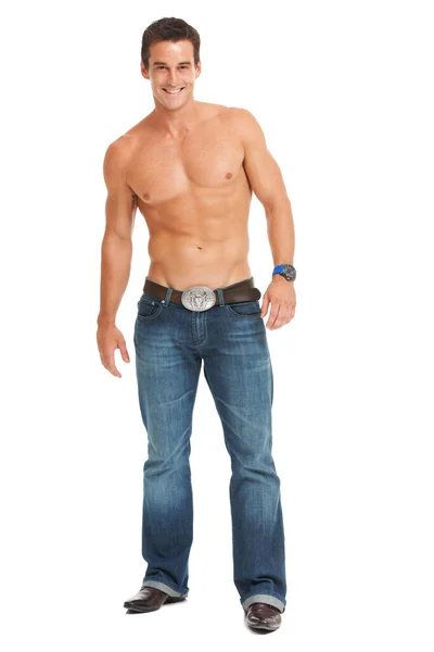 Hombre Aislado Sonrisa Sin Camisa Con Jeans Para Fitness Bienestar — Foto de Stock
