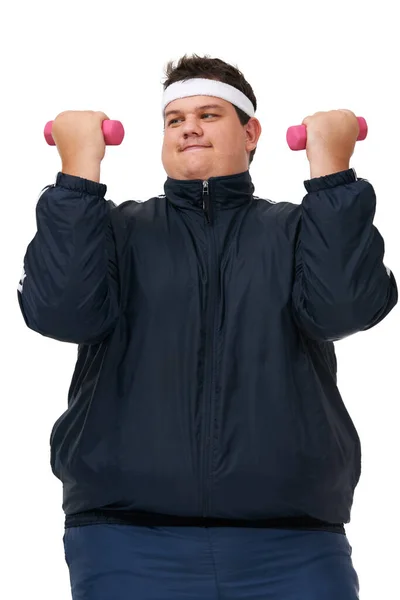 Além Tamanho Treinamento Peso Aptidão Homem Estúdio Com Exercício Treinamento — Fotografia de Stock