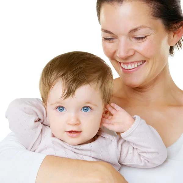 Feliz Amor Mãe Com Bebê Abraço Sorriso Estúdio Alegre Desfrutando — Fotografia de Stock