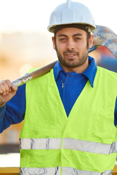 Portrait Construction Man Shovel Industry Architecture Skills Renovation Vest Face — Stock Photo, Image