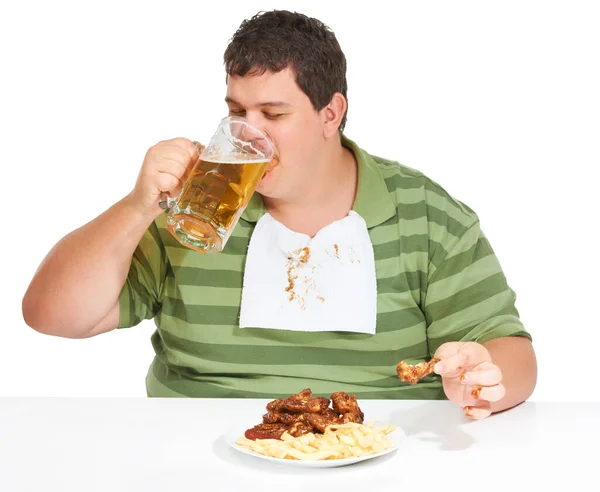 Obesity Man Fast Food Alcohol Unhealthy Guy Isolated White Studio — Stock Photo, Image