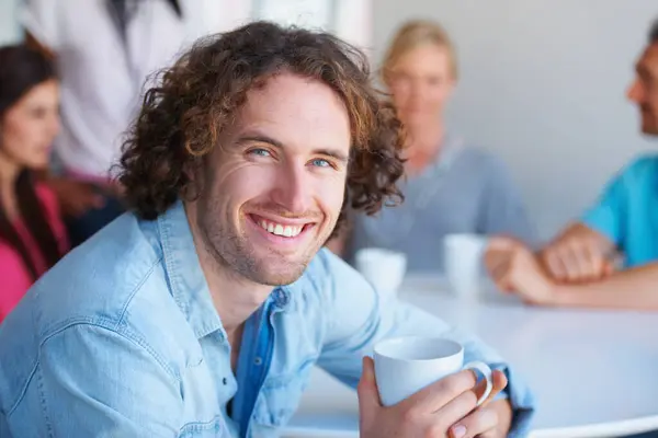 Retrato Negócios Homem Com Pessoal Almoço Sorriso Com Café Felicidade — Fotografia de Stock