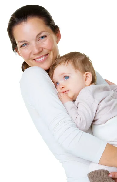 Portrait Love Mother Baby Studio Hug Care Embracing White Background — Stock Photo, Image