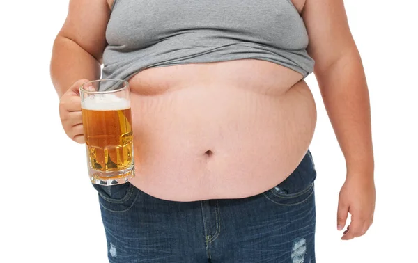 Cerveja Bebida Ganho Peso Estômago Size Estúdio Com Problema Álcool — Fotografia de Stock