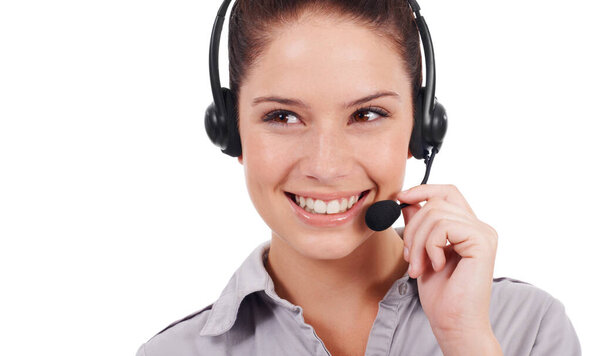 Customer service face, call center studio and happy woman on business chat, discussion or telemarketing sales pitch. Female consultant, communication and tech support consulting on white background.