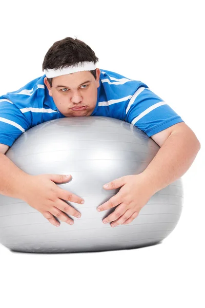 Tired Size Man Exercise Ball Feeling Fatigue Training Workout Studio — Stock Photo, Image