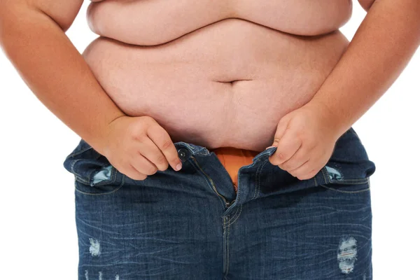 Weight Gain Size Jeans Person Overweight Stomach Issue Studio White — Stock Photo, Image