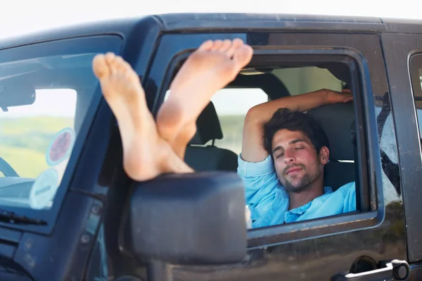 Reisen Müde Und Mann Auto Schlafen Und Roadtrip Auf Eine — Stockfoto