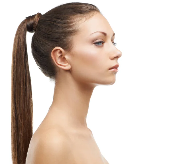 Woman Studio Profile Ponytail Hair Care Beauty Makeup Cosmetics Wellness — Stock Photo, Image
