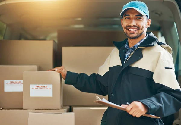 Box Delivery Shipping Portrait Man Courier Logistics Supplier Ecommerce Export — Stock Photo, Image