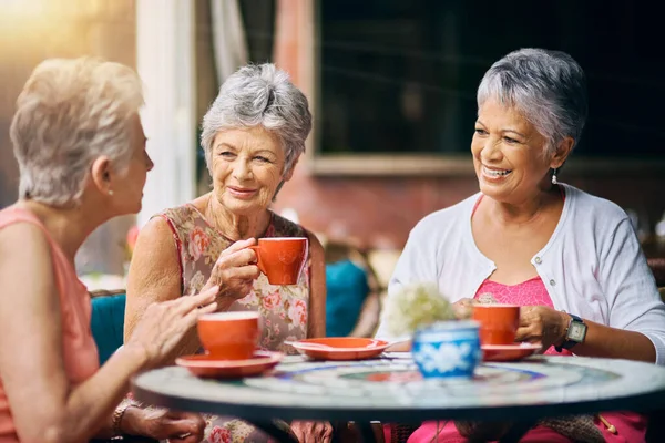 Καφενείο Χαρούμενες Και Ηλικιωμένες Γυναίκες Που Μιλάνε Συζητούν Και Έχουν — Φωτογραφία Αρχείου