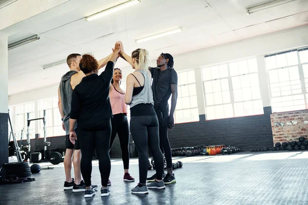 Only Can Cheerful Young Group People Forming Huddle Together Workout — Stock Photo, Image