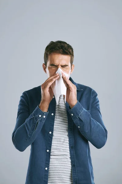 Again Man Blowing His Nose Grey Background — Stock Photo, Image