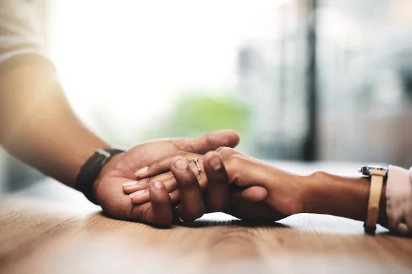 Person Who Care Man Woman Holding Hands Table — Stock Photo, Image