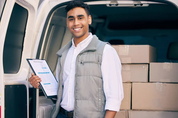 Delivery Man Box Working Checklist Van Courier Service Portrait Employee — Stock Photo, Image