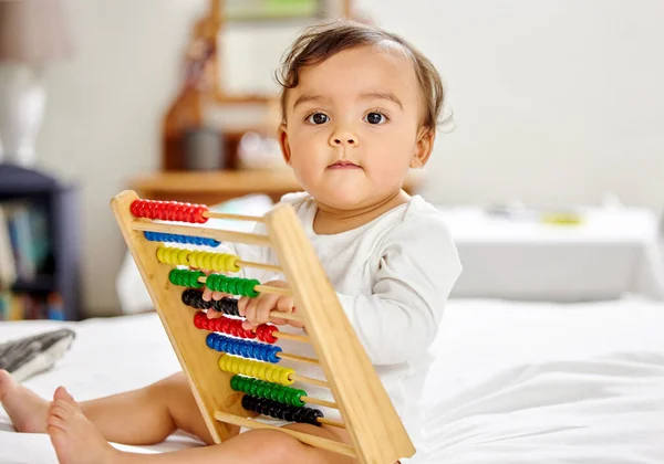 Abacus Bed Portrait Baby Toy Learning Child Development Motor Skills — Stock Photo, Image