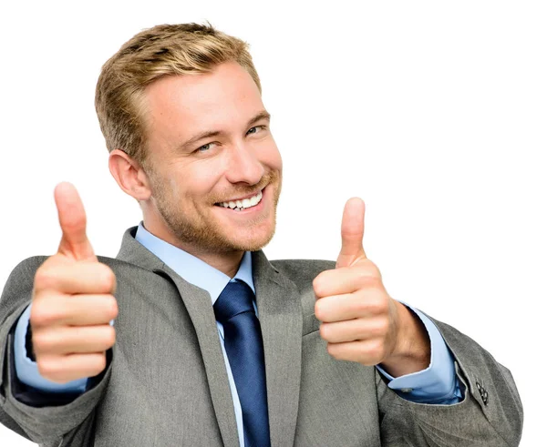 Portrait Happy Thumbs Business Man Studio Isolated White Background Motivation — Stock Photo, Image