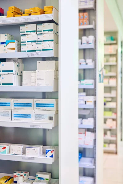 Farmacia Estantería Cajas Para Cuidado Salud Vacías Farmacéuticas Para Bienestar — Foto de Stock