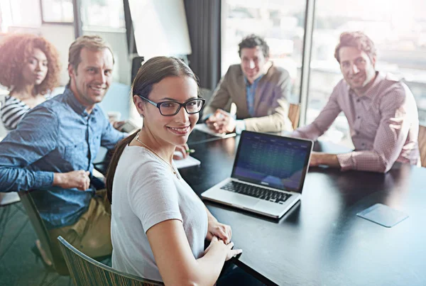 Meeting Teamwork Portrait Business Woman Leader Team Happy Success Tech — Stock Photo, Image