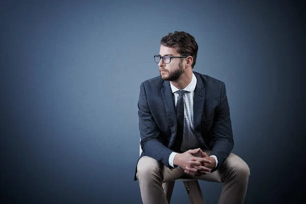 Having Think Studio Shot Handsome Young Businessman Looking Thoughtful While — Stock Photo, Image