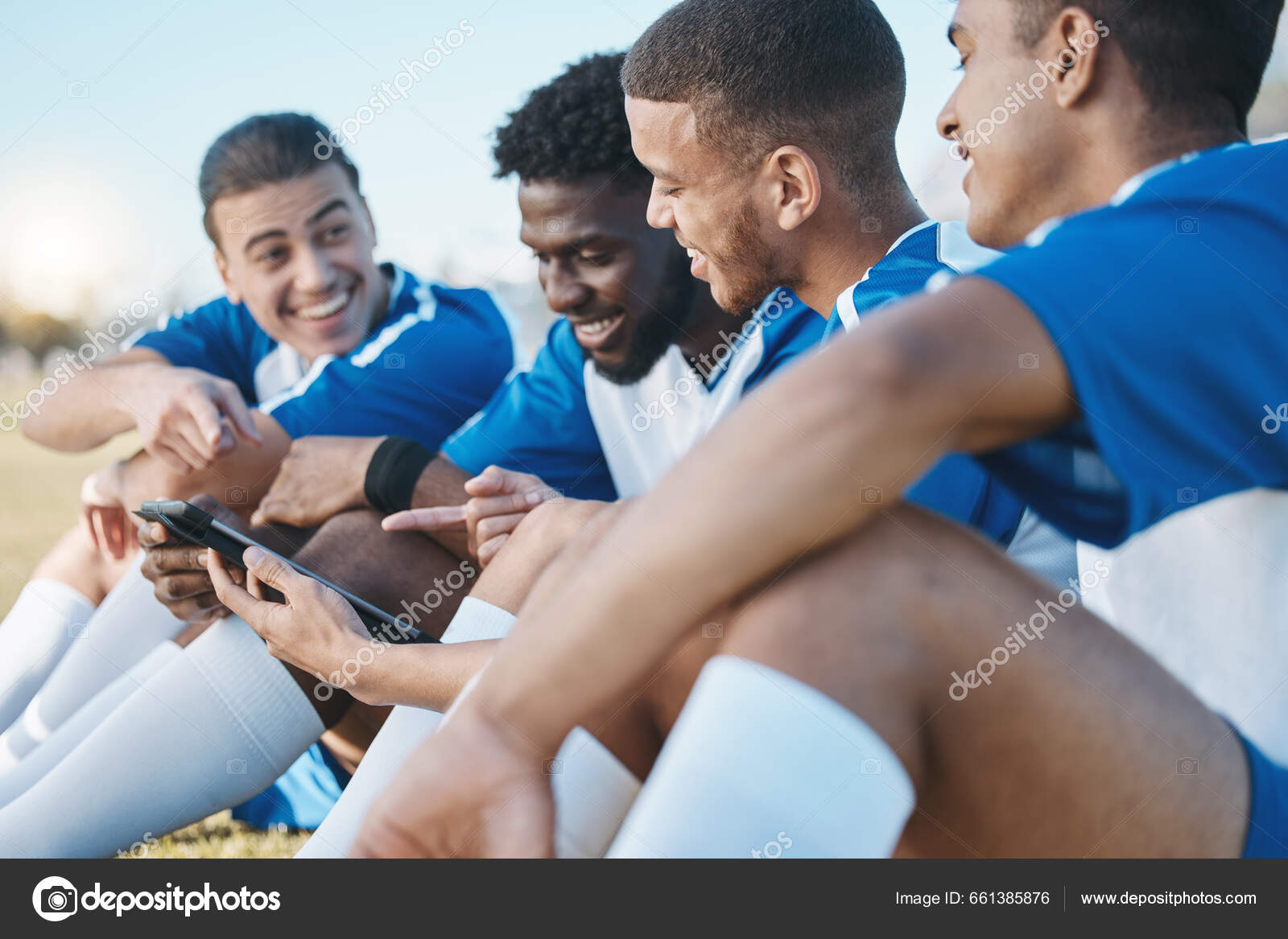 Group Tablet Soccer Player Team Outdoor Field Fitness Training