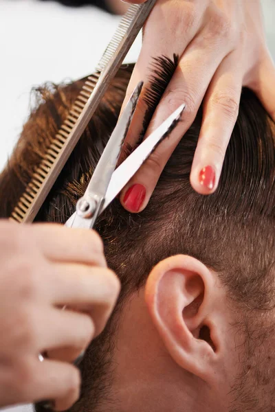 Ciseaux Cheveux Clients Coiffeurs Coupe Des Mains Coiffure Toilettage Nettoyage — Photo