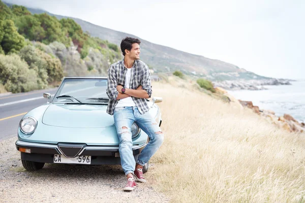 Enjoying View Handsome Young Man Resting Hilltop Taking Scenic Drive — Stock Photo, Image