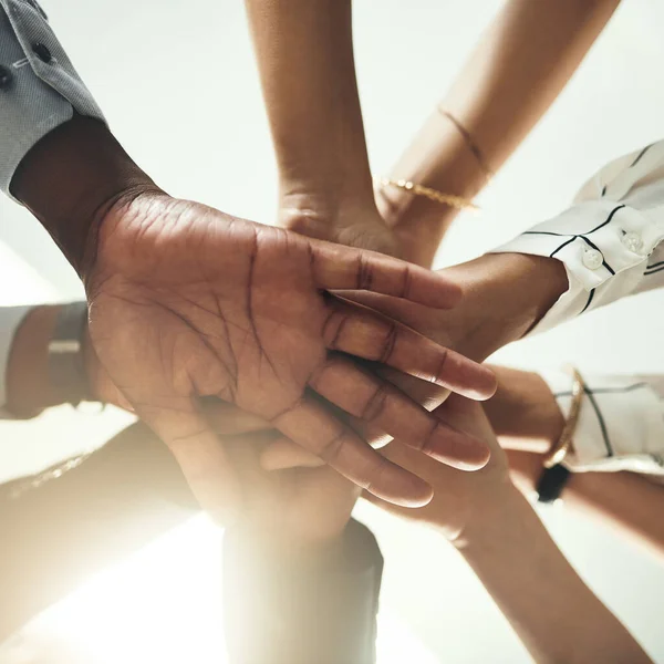 Win Closeup Shot Group Businesspeople Joining Hands Together Huddle — Stock Photo, Image
