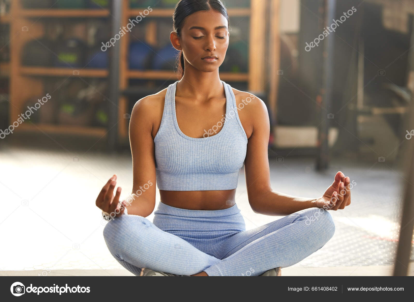 Meditation Yoga Indian Woman Gym Mindfulness Wellness Breathing Exercise  Floor Stock Photo by ©PeopleImages.com 661408402