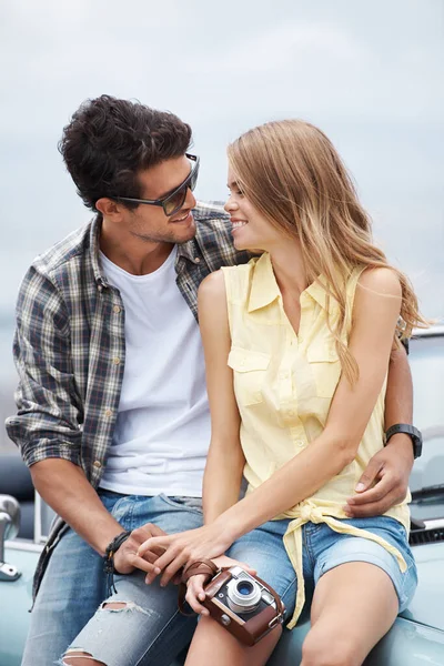 Sharing Sweet Moment Attractive Young Couple Sitting Hood Convertible While — Stock Photo, Image