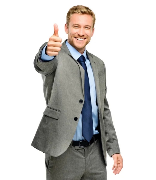 微笑和大拇指向上与一个商人在工作室孤立在白色背景的动机 专业的 比如一个穿着西装的快乐的男性会计师 可以说是或者感谢你的支持 — 图库照片