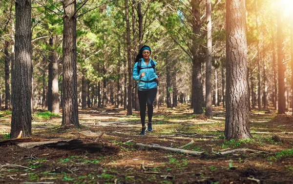 它是关于制造时间 一个年轻的女运动员在树林里慢跑时拍的全景照片 — 图库照片