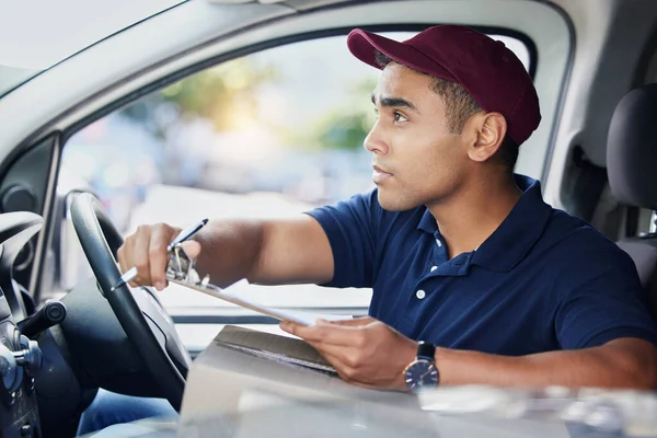 Delivery Van Clipboard Man Writing Checklist Shipping Logistics Supply Chain — Stock Photo, Image