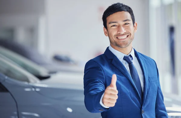 Portrait Thumbs Car Salesman Smile Showroom Yes Welcome Face Hand — Stock Photo, Image
