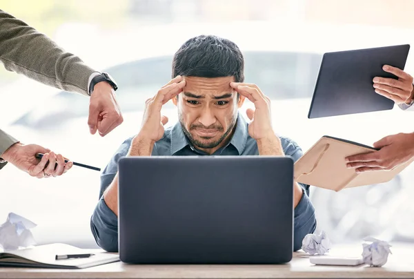 stock image Stress, headache and chaos of man on computer in burnout, anxiety or mental health crisis, mistake and fail. Depression, brain fog and manager for time management, business questions and people hands.