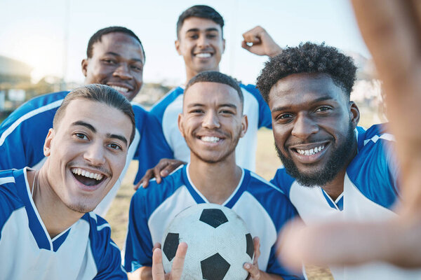 Sports, group selfie and soccer portrait of team on field for fitness training or game outdoor. Football player, club and diversity athlete men smile for sport competition, workout or challenge photo.