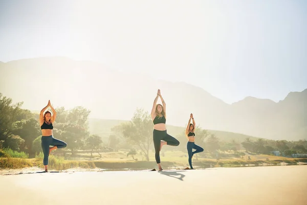 Yoga Heeft Onbeperkte Voordelen Drie Jonge Vrouwen Beoefenen Yoga Het — Stockfoto