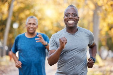 Yarış, arkadaşlar ve spor, spor ve egzersiz için parkta yaşlı adamlarla koşmak. Sağlık, emeklilik ve yaşlıların motivasyon, spor ve sabah kardiyo eğitimi almasından mutluluk..