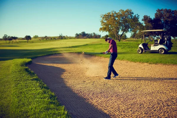 Safely Out Sand Trap Young Man Hitting Ball Out Bunker — Stock Photo, Image