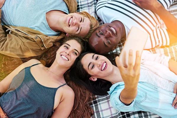 Teman Pandangan Atas Dan Piknik Dengan Selfie Lingkaran Kebahagiaan Atau — Stok Foto